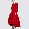 欧美大牌2016冬季名媛，复古气质修身显瘦百褶大红色连衣裙中裙