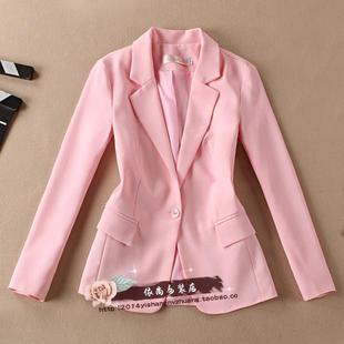 女装小西服夏季一粒扣修身职业0l外套，短款百搭长袖粉色西装