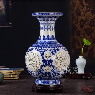 景德镇陶瓷器手工青花瓷，薄胎镂空古典花瓶，客厅家居装饰工艺品摆件