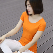 夏装橘色纯棉圆领女款短袖上衣横行道显瘦体恤大码修身半袖女T恤