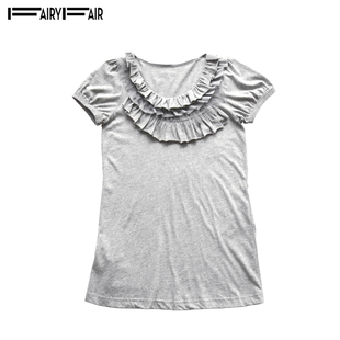 夏季fairyfair浅灰色高端纯棉荷叶，边套头短袖，纯色针织衫t恤
