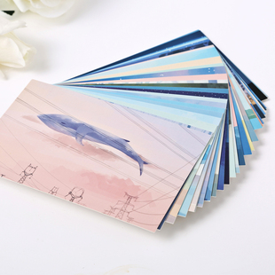 手绘创意小清新明信片鲸鱼岛蓝色海洋，鲸鱼唯美文艺风卡片，生日礼物开学季圣诞节贺卡感恩卡