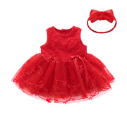 夏季女宝宝满月百天1周岁连衣裙公主礼服裙蓬蓬，纱红色蕾丝背心裙3