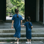 夏款儿童旗袍 女童短袖连衣裙 棉麻中式宝宝裙 母女装亲子旗袍