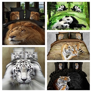 3d立体动物四件套霸气，熊猫老虎狮子床上用品床单，被套个性豹子黑色