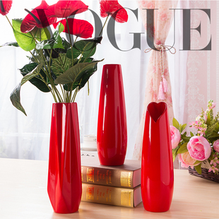 红色婚庆陶瓷摆件结婚喜庆中国红花瓶，新婚客厅现代家居装饰可装水