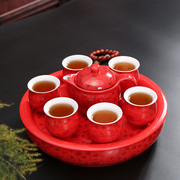 大茶船瓷器茶盘8头景德镇青花瓷婚庆结婚新婚红色，红釉茶具套装