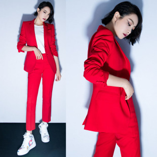 红色ol职业套装女韩版显瘦时尚，帅气西装小外套西服裤两件套潮