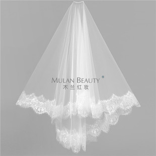 欧美新娘韩式白色精致蕾丝花边头纱短款软纱带发梳结婚头饰品