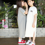 女童连衣裙夏韩版母女亲子装儿童卫衣短袖开叉中长款T恤裙子