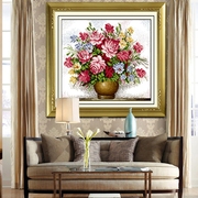 精准印花蒙娜丽莎十字绣，粉红玫瑰粉色花瓶，花卉系列客厅温馨