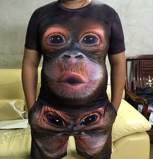 猴子短袖t恤运动套装男加大码3d印花搞笑大猩猩两件豹纹半袖衣服