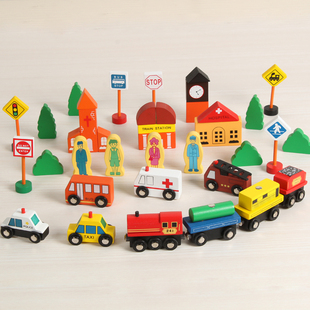 儿童百变情景城市积木，木制磁性益智交通，场景汽车积木宝宝玩具