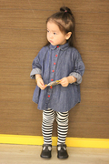日系女童牛仔衬衫裙长袖娃娃领春秋，衬衣长款儿童，小童女宝宝潮上衣