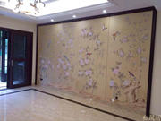 真丝双宫金玉满堂手绘客厅背景墙，新中式客厅背景硬包软包贴面