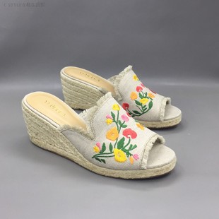 欧美坡跟麻底鞋夏季凉拖鞋亚麻布刺绣花朵，懒人一脚蹬鱼嘴女鞋