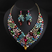 欧美奢华彩色水晶宝石，花朵项链耳环套装，夸张礼服晚宴女气质饰品