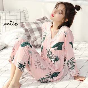 韩版睡衣女春夏季梭织，绵绸套装长袖纯棉，绸布薄款人造棉家居服大码