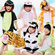 夏季儿童短袖纯棉连体睡衣男女卡通春秋亲子装动物叮当猫表演出服