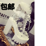2023香港透明手工水钻珍珠系带蕾丝花边厚底粗跟高跟松糕单鞋