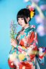 古典日本和服浴衣女改良樱花仙鹤振袖正装女涤纶印花传统和服