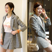 千鸟格时尚西装套装女韩版显瘦中长款外套西服2020秋季两件套裙裤