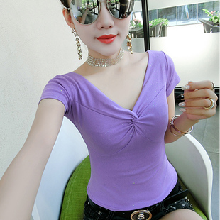 时尚洋气女装2024夏装V领短袖T恤女香芋紫修身显瘦气质上衣潮