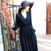 秋季女装欧美黑色v领修身显瘦大码长袖，连衣裙雪纺长裙大摆裙