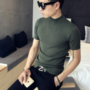 男士韩版修身半高领针织衫潮流时尚纯色线衣紧身中领短袖打底T恤