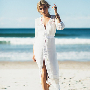 海边度假防晒白色人棉镂空性感比基尼泳衣外套沙滩裙罩衣罩衫长裙