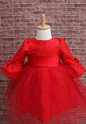 大红色女童礼服裙儿童公主，裙花童裙儿童，婚纱裙长袖连衣裙