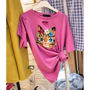 2023春夏季韩版破洞短袖可爱猫咪亮片T恤女时尚百搭圆领体恤上衣