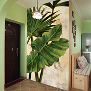 手绘东南亚棕榈树墙纸玄关餐厅卧室背景墙壁纸绿色植物过道壁画