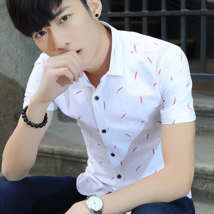 夏季流行男装短袖衬衫青年，时尚潮寸衫修身款韩版印花休闲半袖衬衣