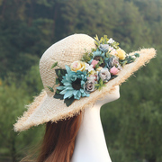夏季女花朵草编帽，沙滩帽大檐帽海边度假遮阳防晒拉菲草帽帽子