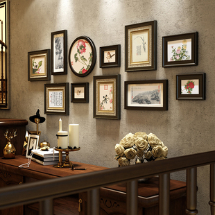 新中式照片墙禅意实木，相框墙组合中国风，客厅沙发背景墙装饰画玄关