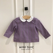 3-24个月女宝宝纯棉梭织，棉rl紫条纹娃娃，领长袖衬衣