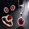 气质红宝石镶钻925纯银饰品套装，玫瑰金色戒指，短款项链锁骨链颈链