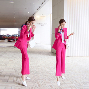 2023韩国时尚职业西装，外套女玫红色中长款显瘦双排扣西服裤两件套