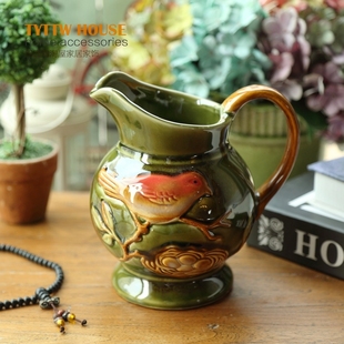 欧式田园绿色小鸟釉面花纹工艺陶瓷装饰单手柄花瓶餐桌摆件高级感