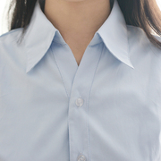 白衬衫女修身收腰V领细竖条纹衬衣短袖职业OL长袖工作服浅蓝