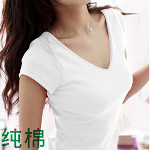 韩版纯棉短袖t恤女款夏装，修身v领打底衫紧身半袖，体恤白色纯色女装