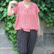 夏季短袖格子中国结竖条棉麻女装上衣原创文艺范T恤衫雪蓝杉8172