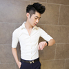 夏季纯色中袖衬衫男士韩版修身短袖，白衬衣(白衬衣)时尚发型师七分袖寸衫潮