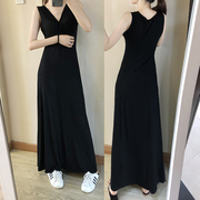 2018夏韩版深v收腰莫代尔垂感显瘦显高气质黑色，长裙连衣裙背心裙