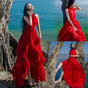 大红色雪纺连衣裙女夏不规则大摆荷叶边度假海边沙滩裙燕尾长裙仙