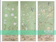真丝手绘丝绸墙纸壁布，灰绿色工笔花鸟美式法式新中式客厅背景墙