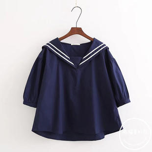 夏装日系森女海军蓝宽松大码百搭上衣文艺小清新短袖套头衬衫