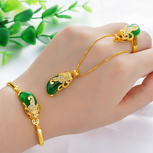 越南沙金手链女转运珠貔貅，吊坠镀仿24k黄金，红绿玛瑙戒指首饰套装
