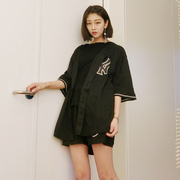 2017夏装韩版嘻哈宽松中长款短袖，t恤篮球，衣服女装原宿bf风连衣裙